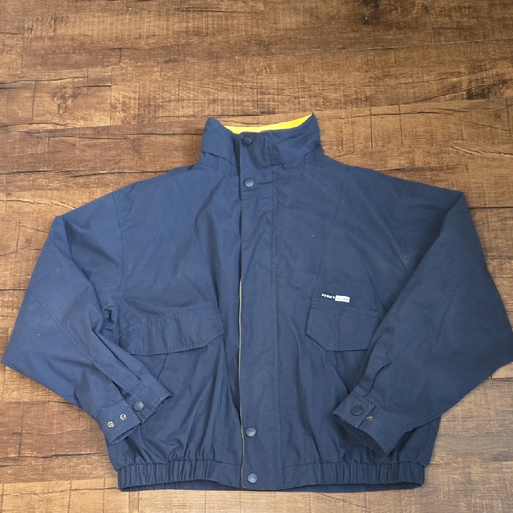 Perry Ellis Navy Blue Windbreaker Yellow Accents Vintage Y2K Streetwear Sport XL